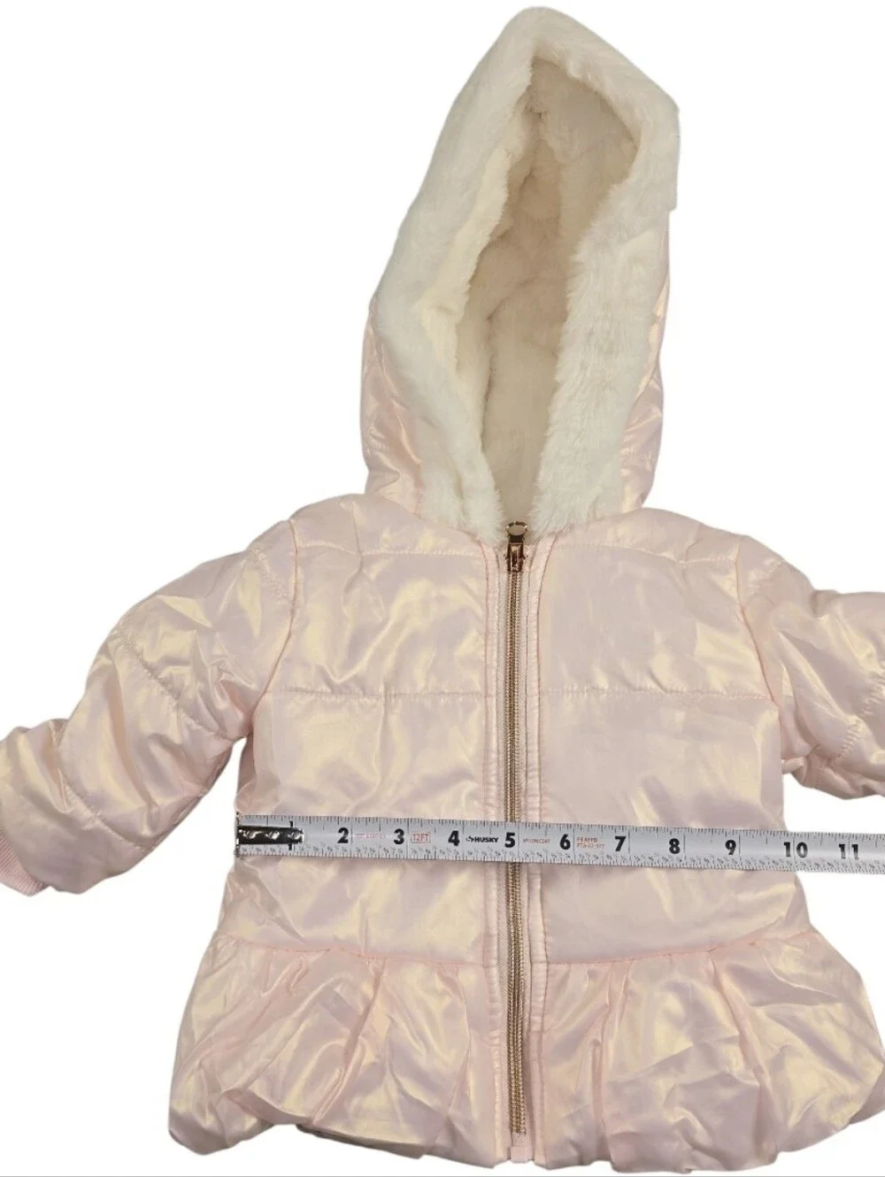 First Impressions Baby Girls Pink Iridescent Puffer Jacket Faux Fur Hood 3-6 M